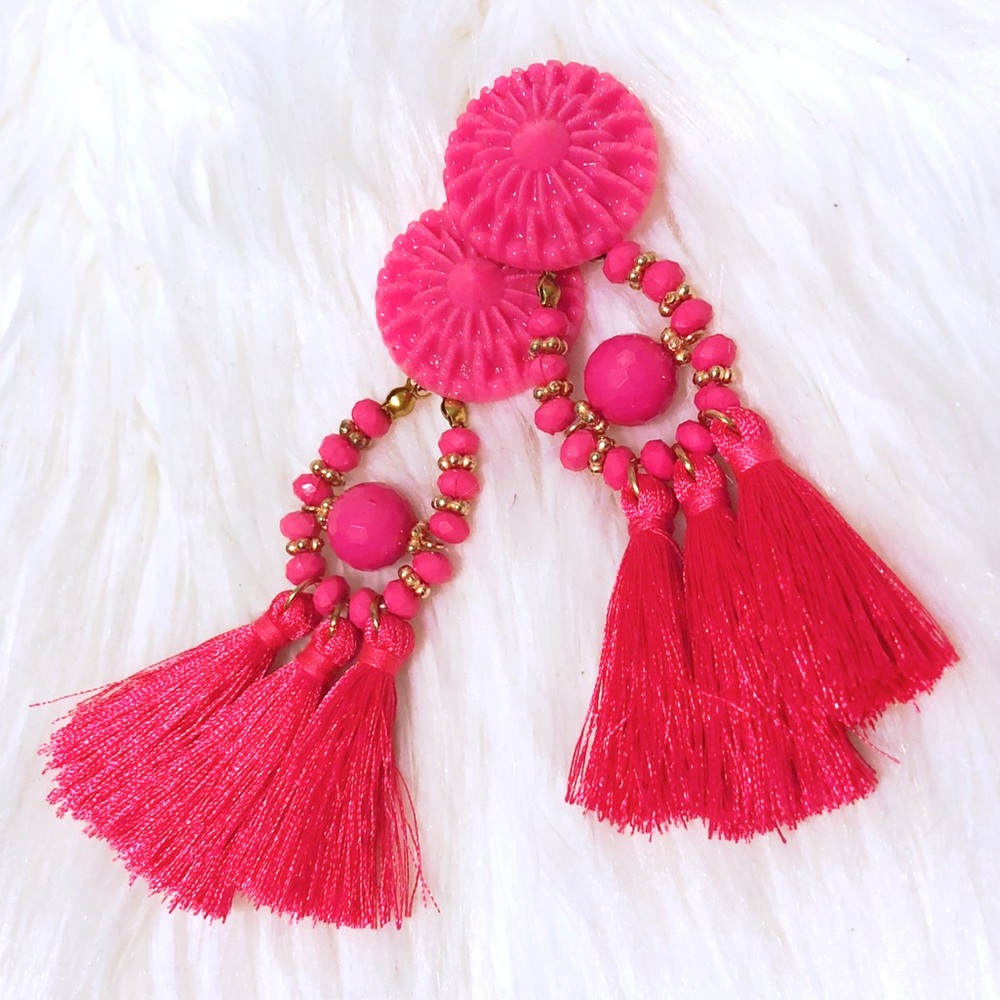 Hot Pink Tassel Fringe Statement Earrings 💗 - Picture 2 of 3